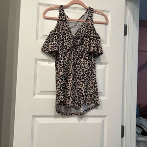 Leopard Print Cold-Shoulder Tunic Top - Beige/Black